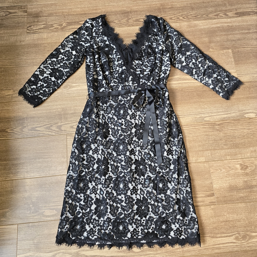 Tadashi Collection Dress Womens 14 Black Lace Floral V-Neck Wedding Guest LBD